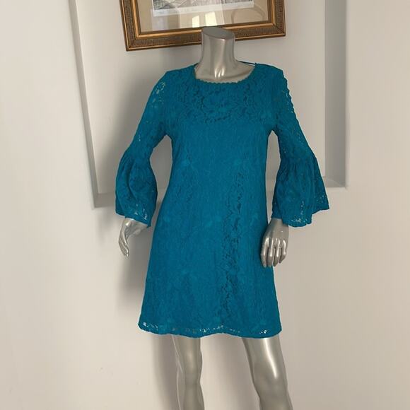 Laundry By Shelli Segal Bell Sleeve Lace A-Line Dress Blue Size 6 - Picture 13 of 14